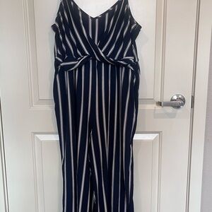 Candie's Navy & White Striped V-Neck Cropped Jumpsuit